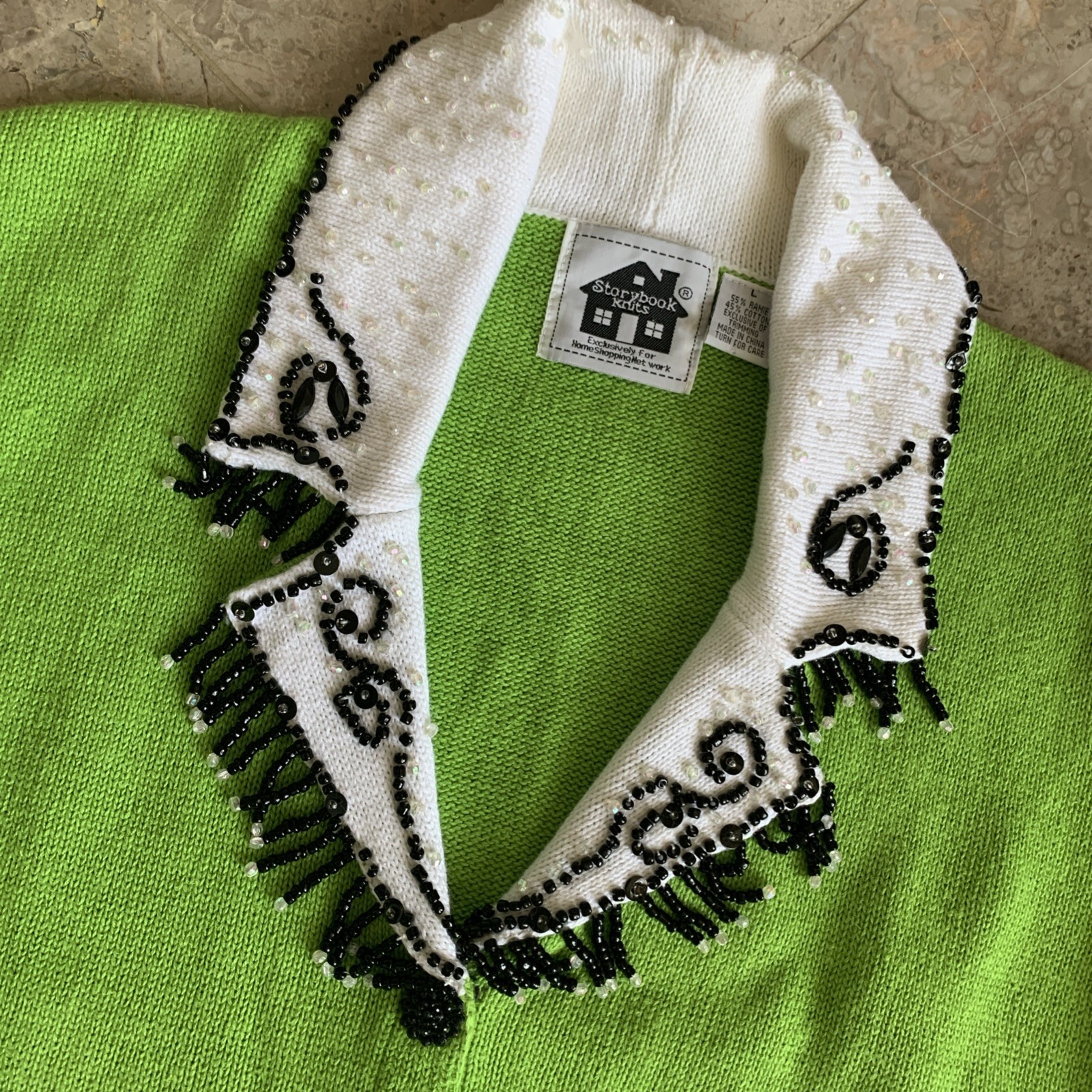Vtg 90s Storybook Knits Sz L Lime Green Sequin Beaded Cardigan Sweater Funky